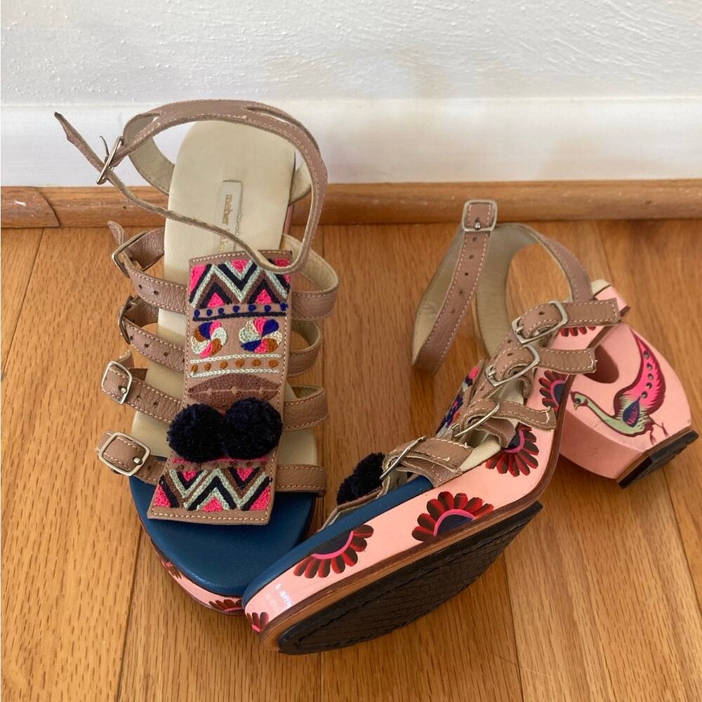 Meher Kakalia Hand paint Artisan PomPom Hopper Heel Sandals Bird Ethnic 6.5 $369